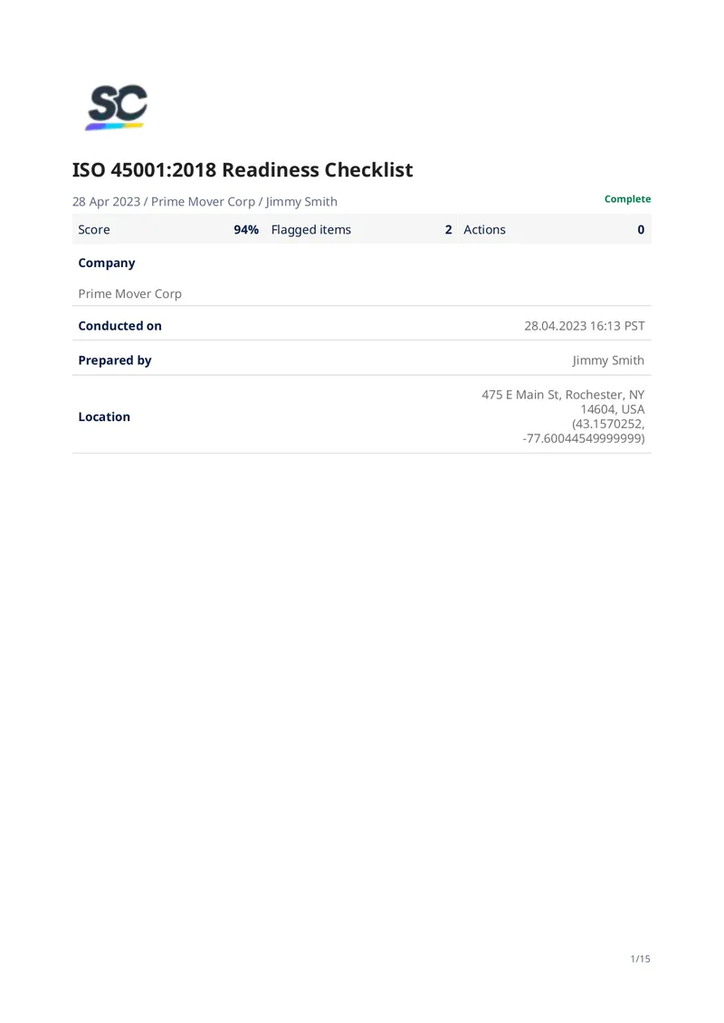 ISO 45001:2018 Readiness Checklist