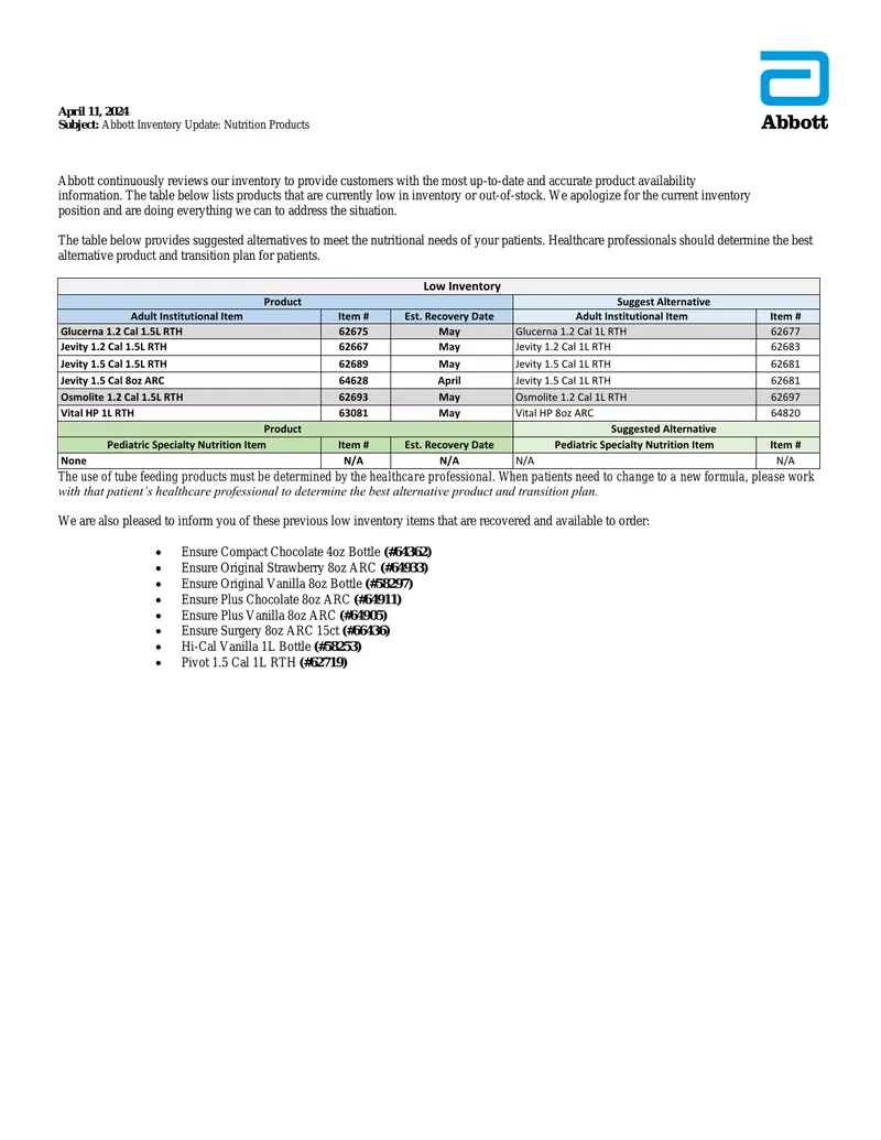 Abbott Inventory Update for Nutrition Products