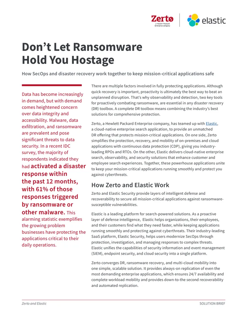 Zerto and Elastic Ransomware Protection Solution Brief