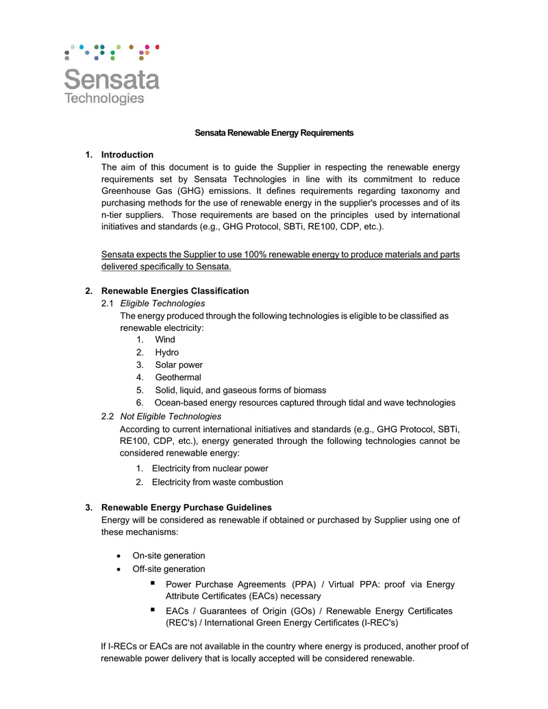 Sensata Renewable Energy Requirements Guide