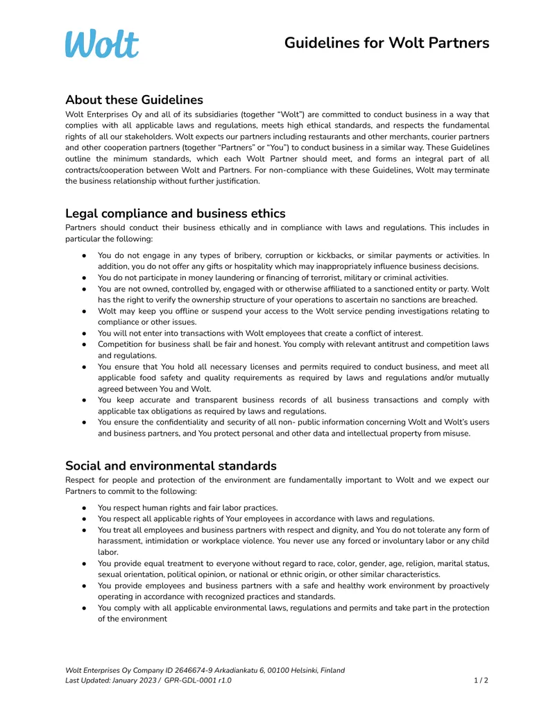 Wolt Partner Compliance Guidelines