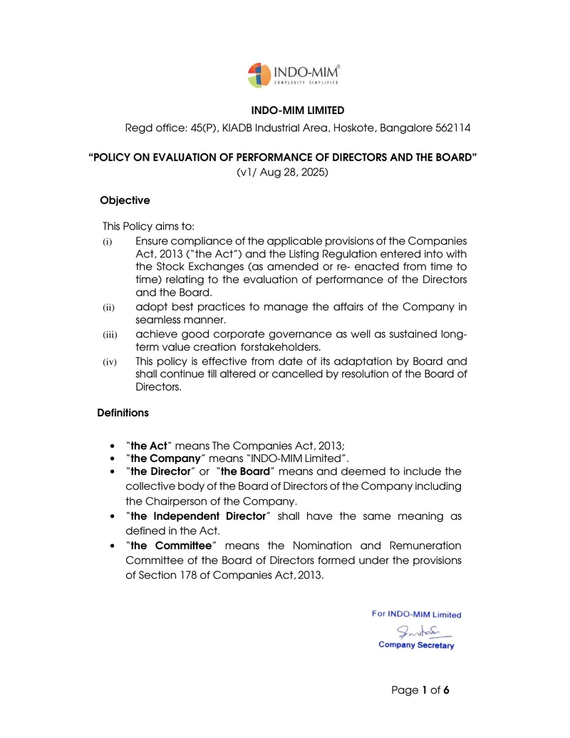 Policy on Evaluation of Performance of Directors and the Board