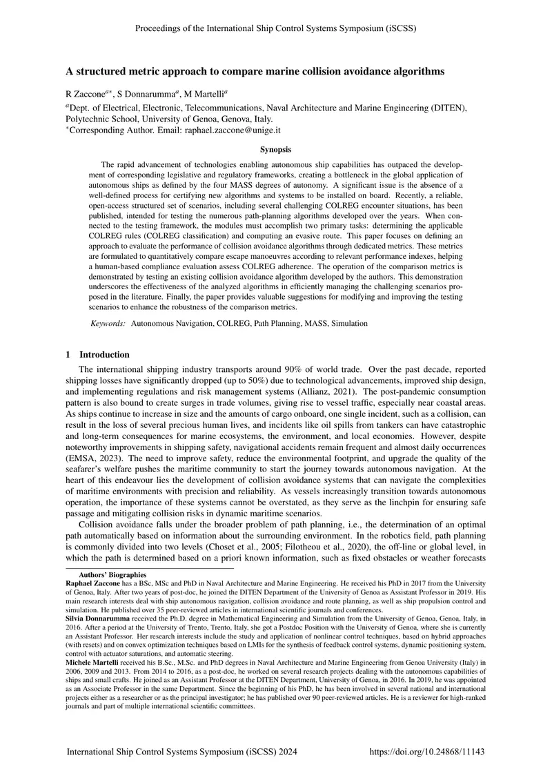 Structured Metric Approach for Marine Collision Avoidance Algorithms
