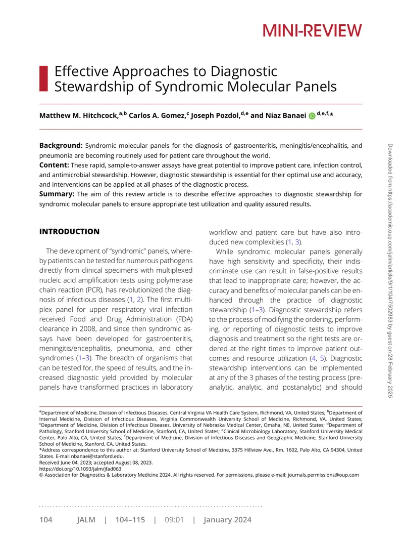 Effective Approaches to Diagnostic Stewardship of Syndromic Molecular Panels