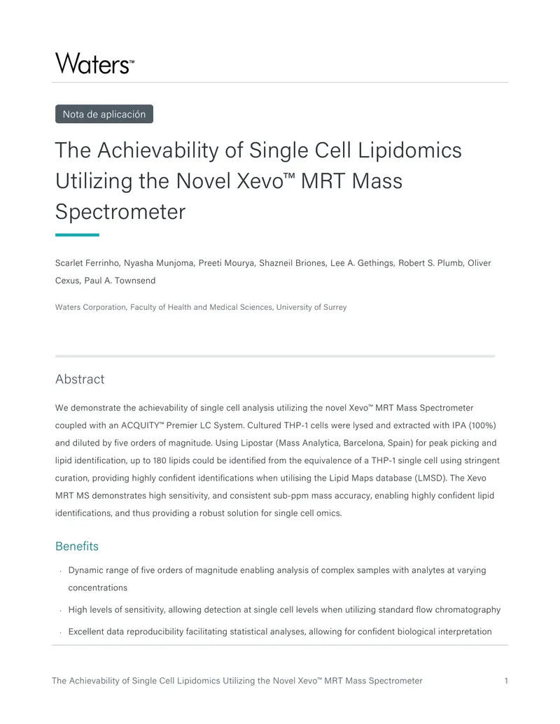 Achievability of Single Cell Lipidomics with Xevo MRT Mass Spectrometer