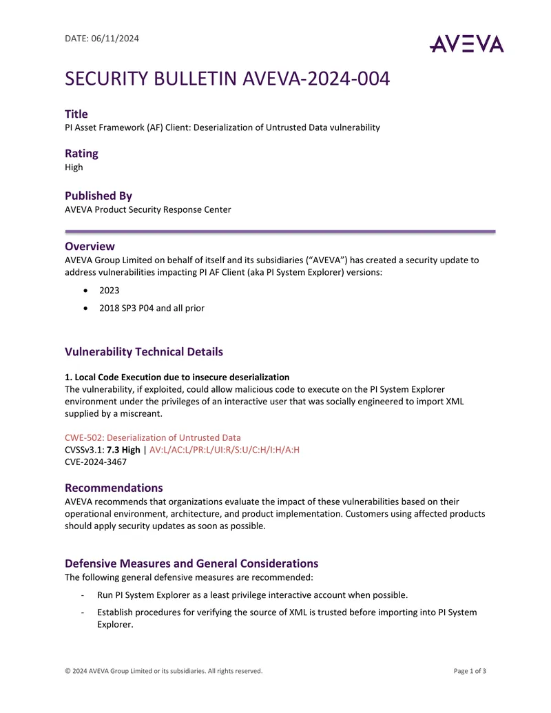 PI Asset Framework Client Security Bulletin
