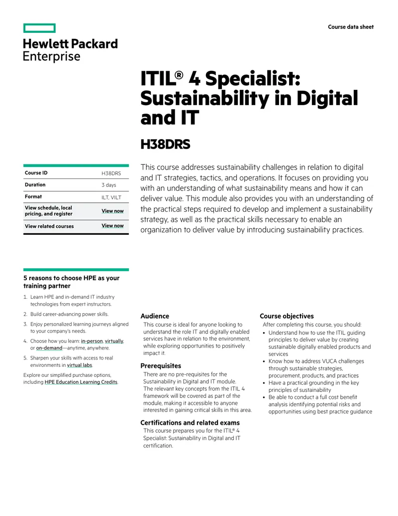ITIL 4 Specialist Course on Sustainability in Digital and IT