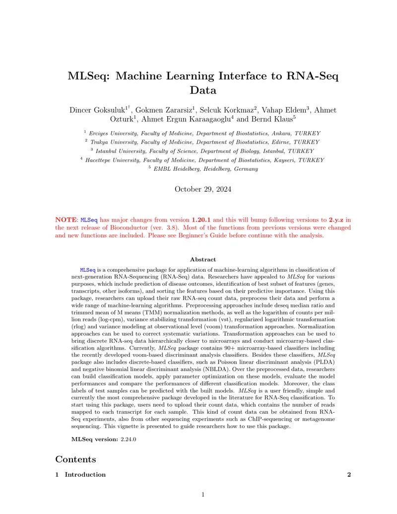 MLSeq Machine Learning Package for RNA-Seq Data