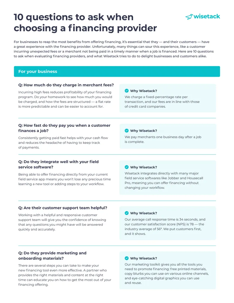 Questions for Selecting a Financing Provider