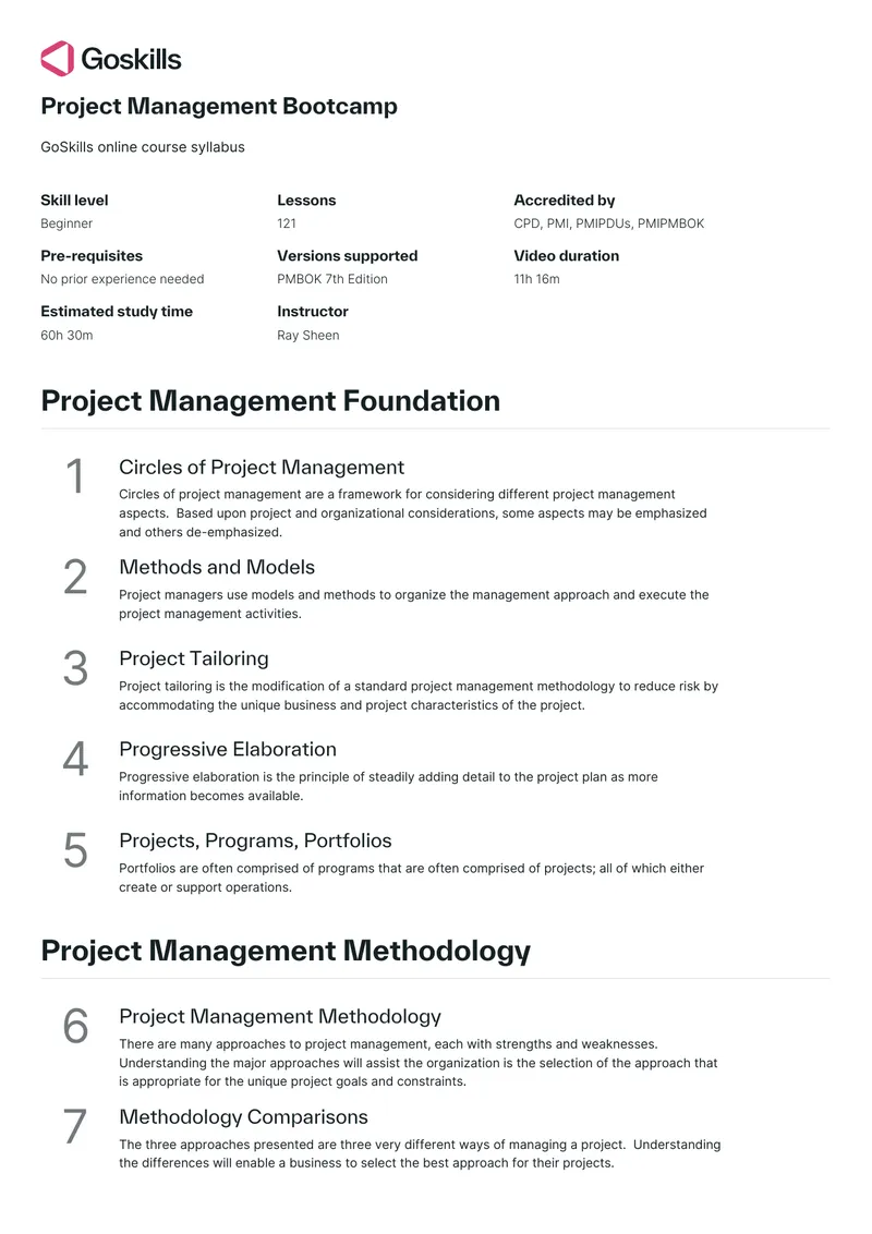 Project Management Bootcamp Course Syllabus