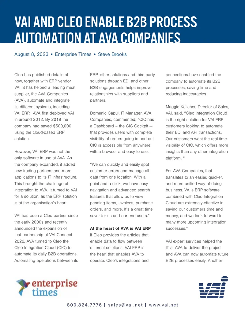 Cleo and VAI Enable B2B Process Automation at AVA Companies preview page 1