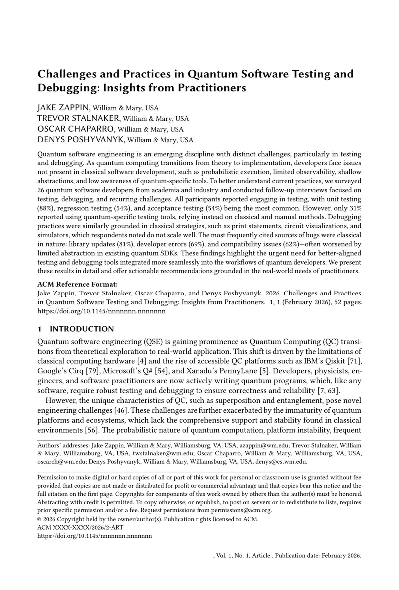 Challenges and Practices in Quantum Software Testing and Debugging