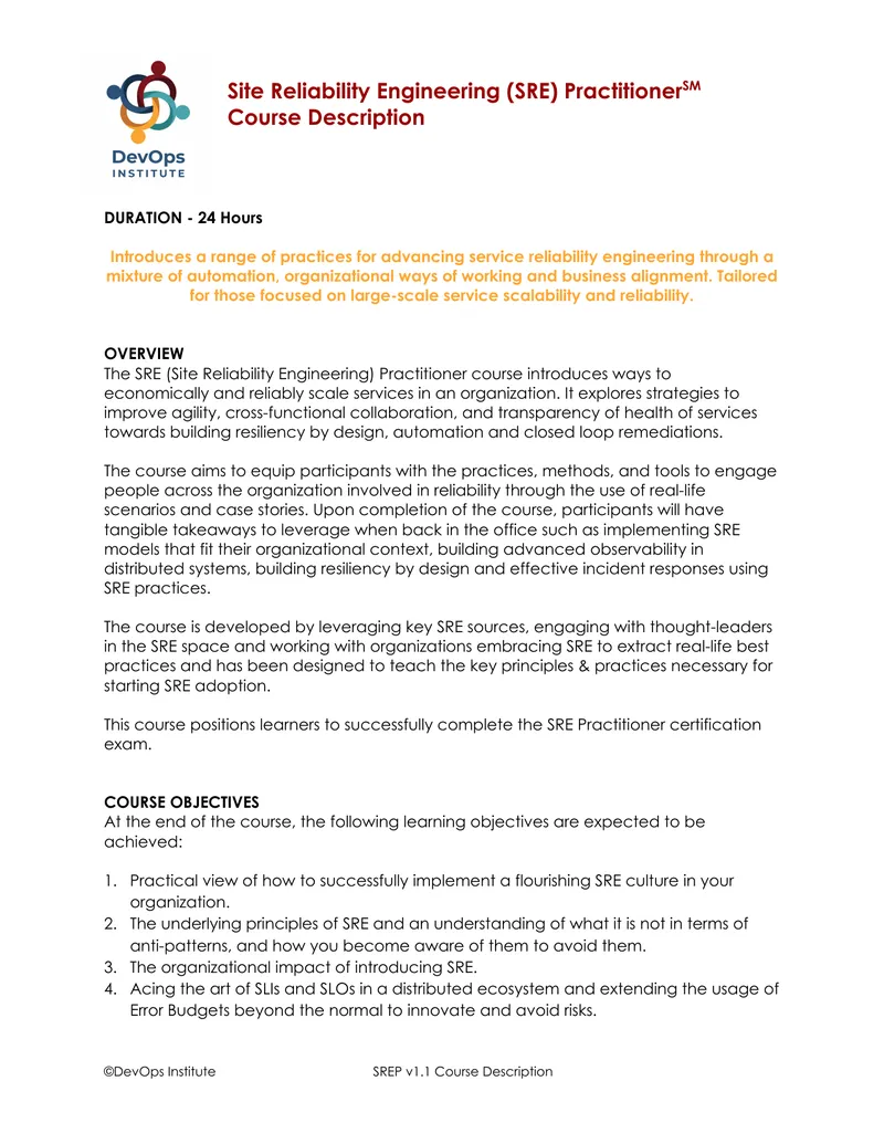 Site Reliability Engineering Practitioner Course Description