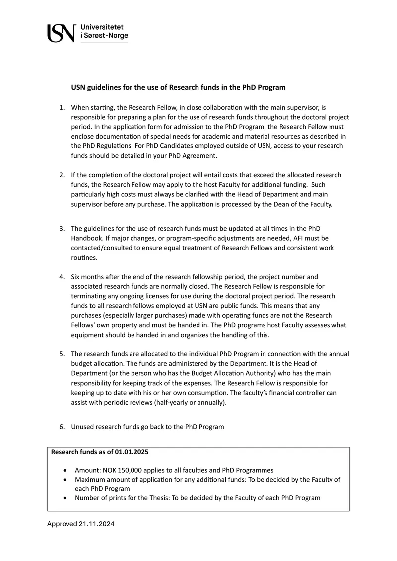 USN Guidelines for Research Fund Usage in PhD Program