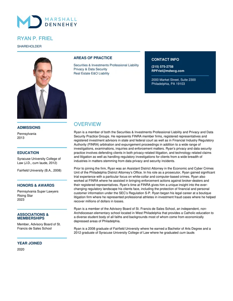 Ryan P. Friel Professional Profile and Practice Areas