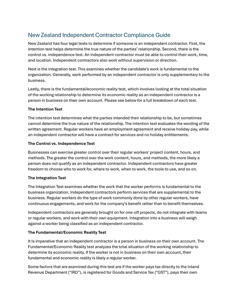 New Zealand Independent Contractor Compliance Guide