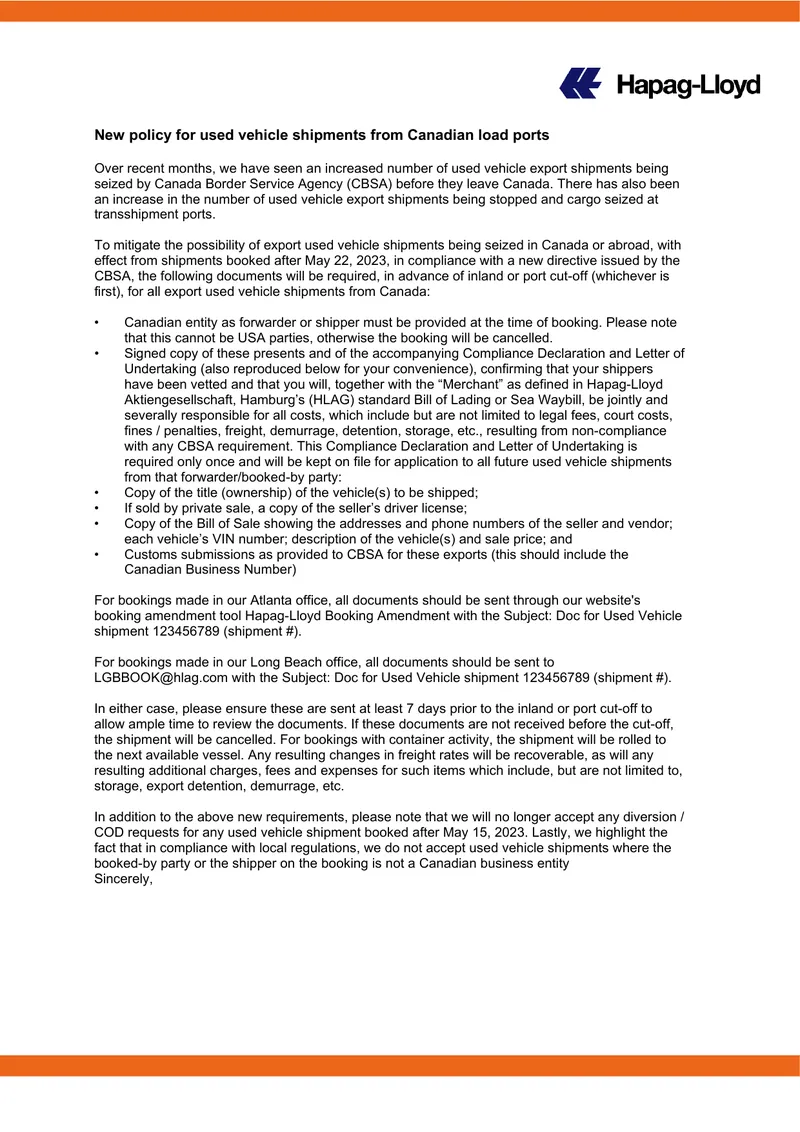 New Policy for Used Vehicle Shipments from Canadian Load Ports