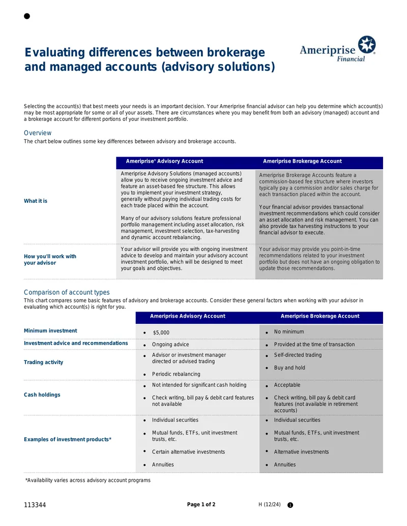 Comparison of Brokerage and Advisory Accounts
