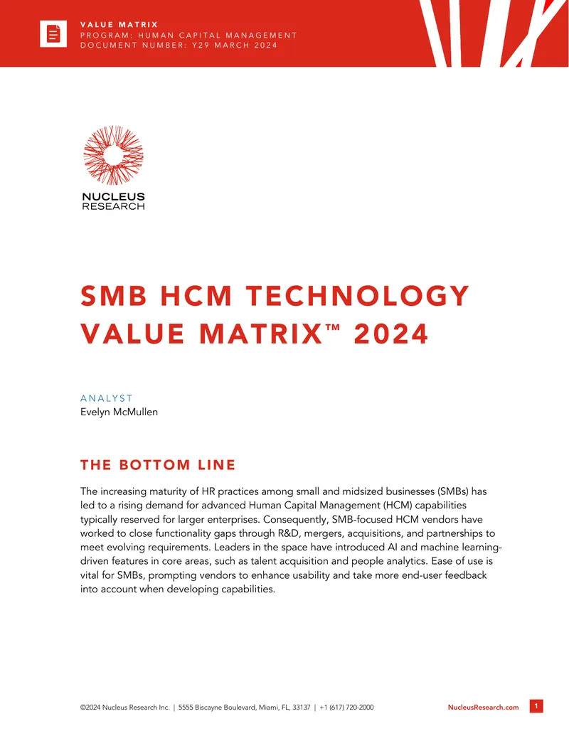 SMB Human Capital Management Technology Value Matrix 2024