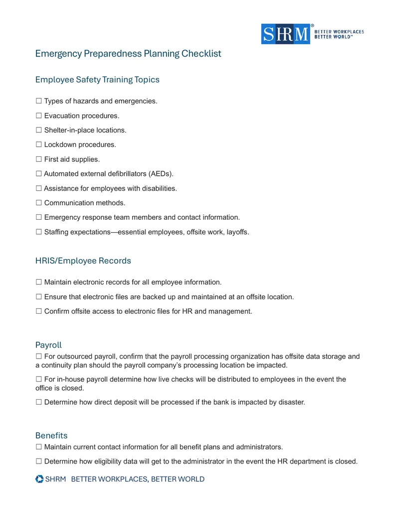 Emergency Preparedness Planning Checklist