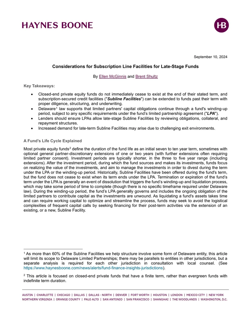 Considerations for Subscription Line Facilities in Private Equity