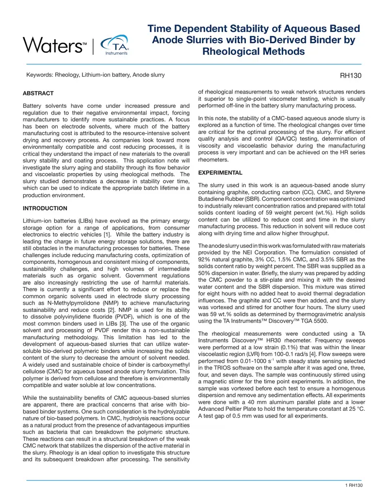 Time Dependent Stability of Aqueous Based Anode Slurries