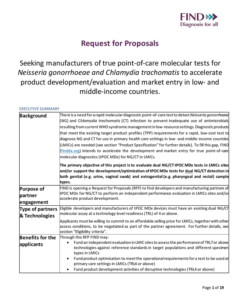 Request for Proposals for Molecular Tests for STIs