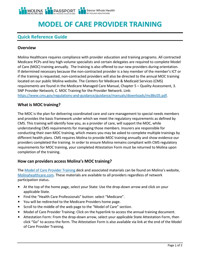 Model of Care Provider Training Quick Reference Guide