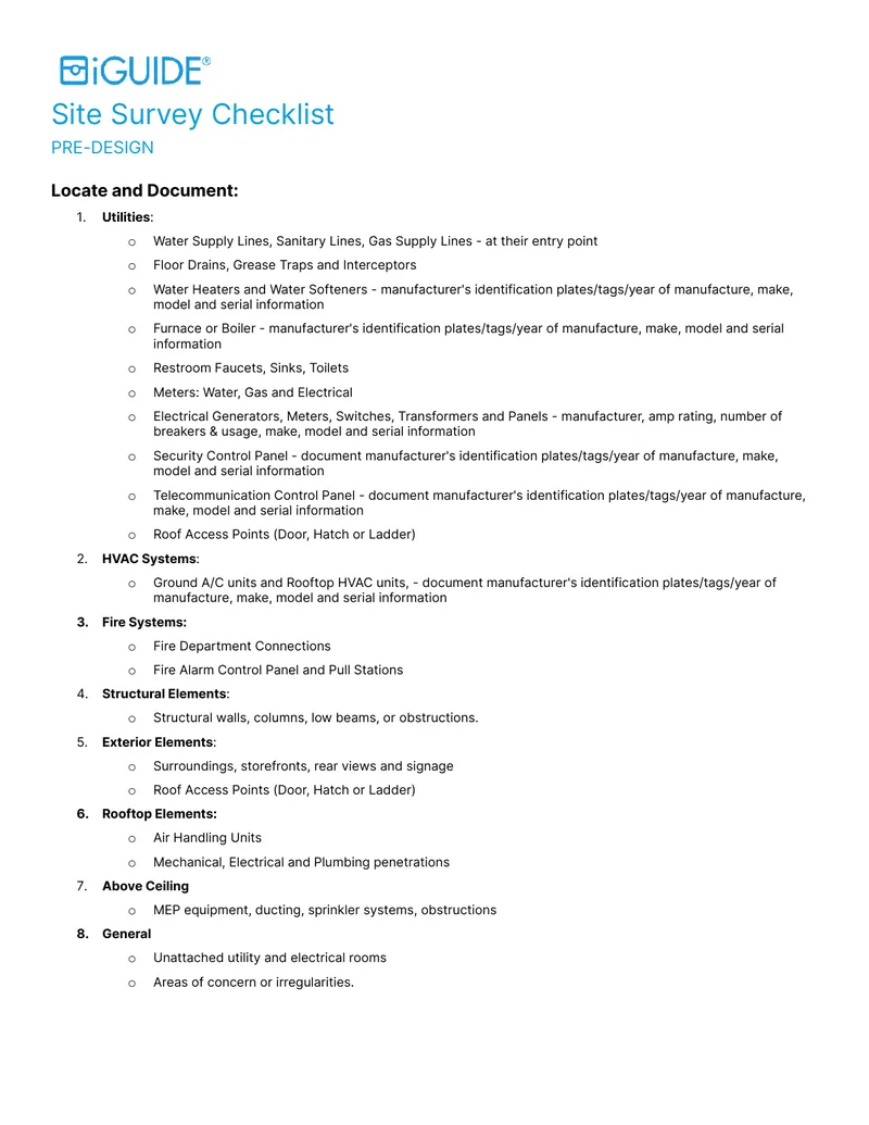 Site Survey Checklist for Pre-Design Phase