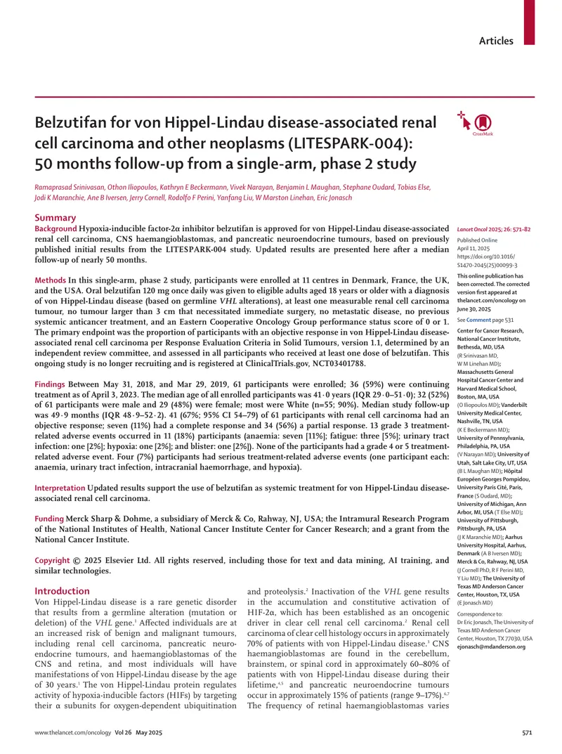 Belzutifan for von Hippel-Lindau Disease-Associated Neoplasms