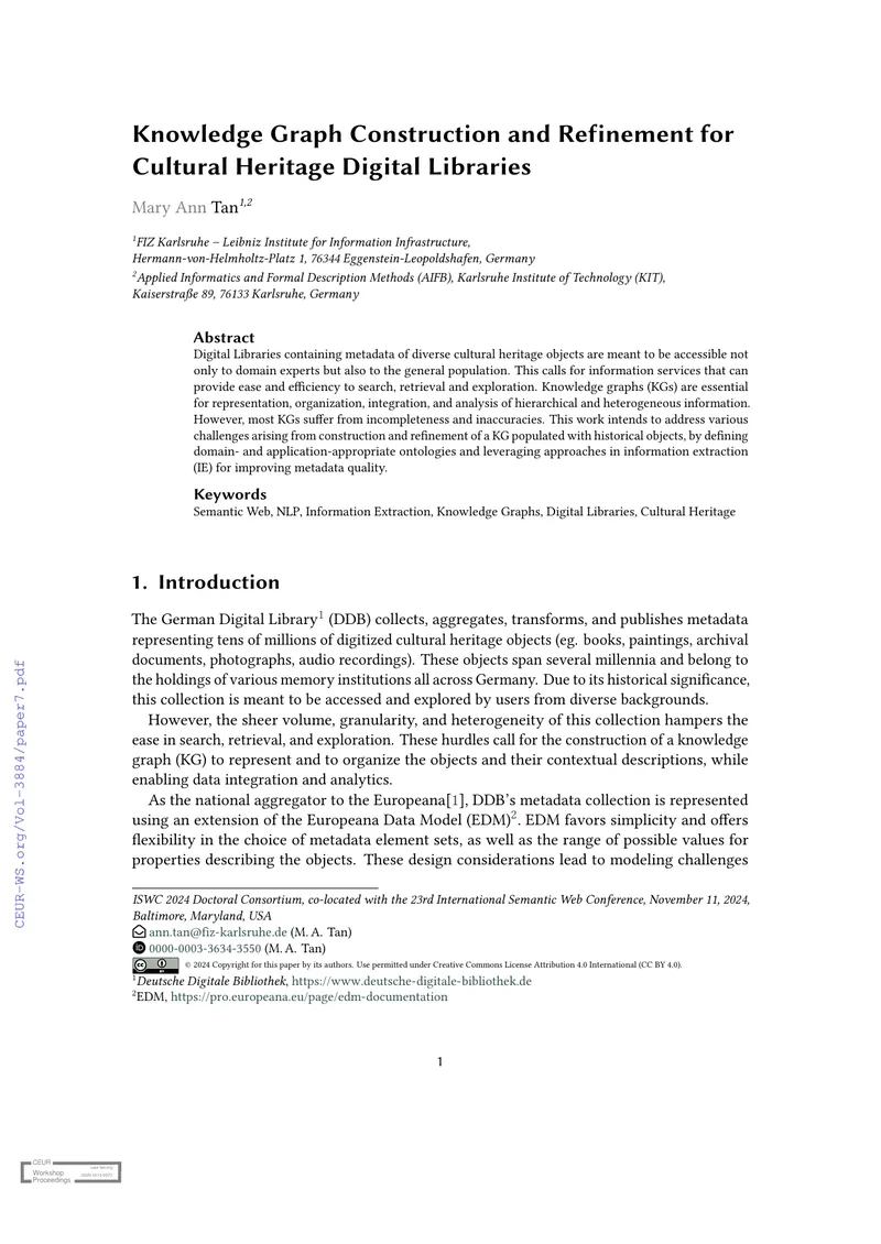 Knowledge Graph Construction for Cultural Heritage Libraries