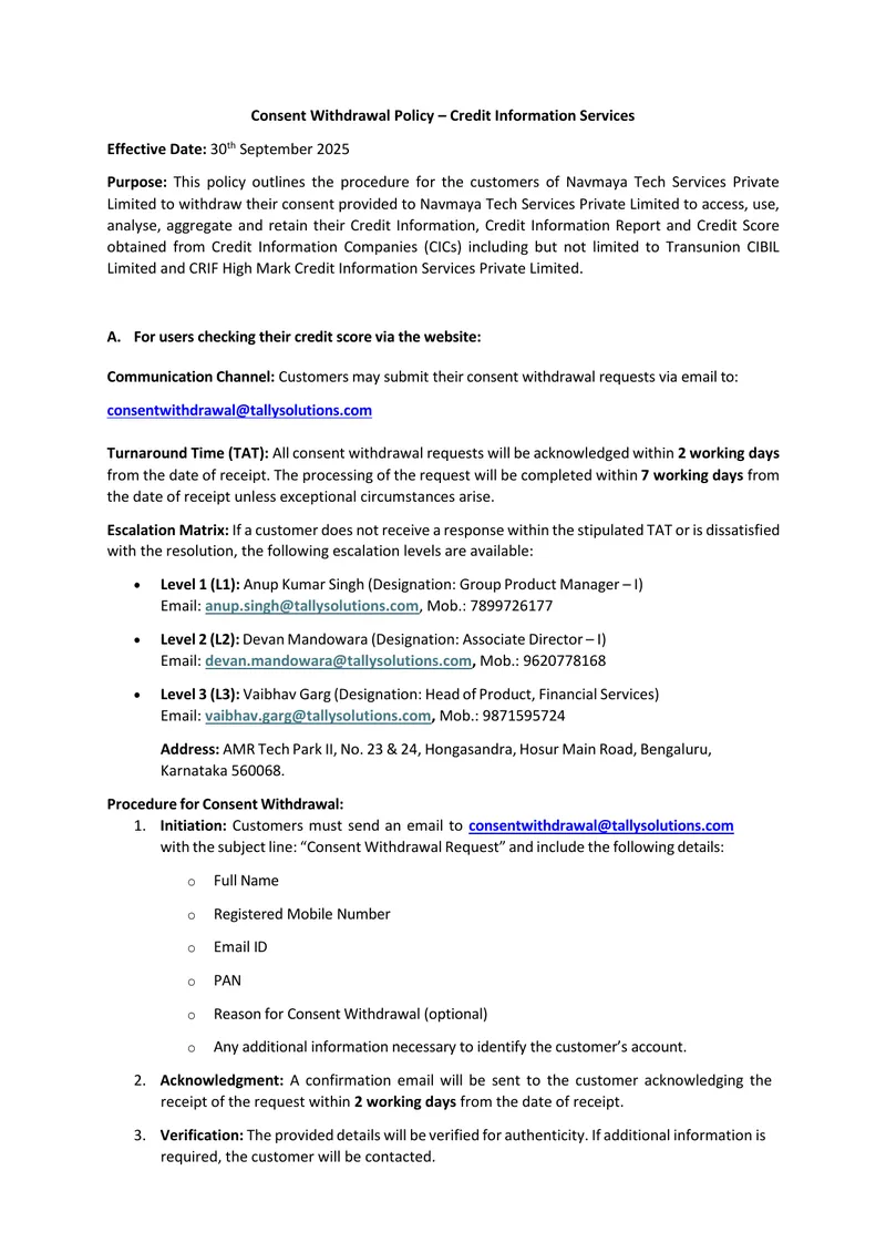 Consent Withdrawal Policy for Credit Information Services
