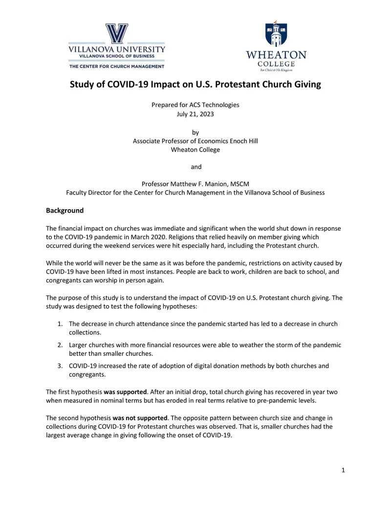 Study of COVID-19 Impact on U.S. Protestant Church Giving