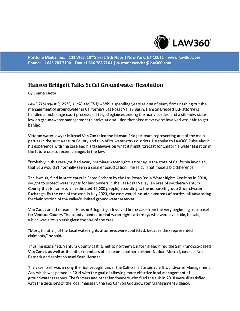 Hanson Bridgett's Involvement in California Groundwater Case