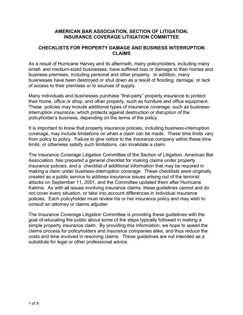 Checklists for Property Damage and Business Interruption Claims
