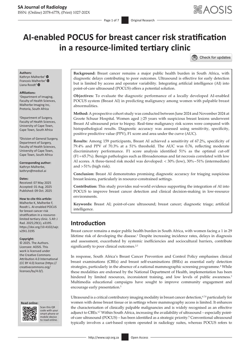 AI-Enabled POCUS for Breast Cancer Risk Stratification