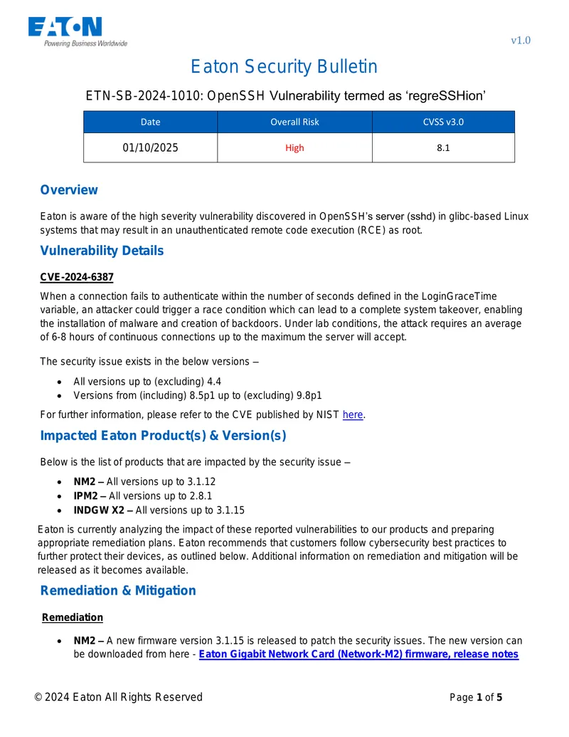Eaton Security Bulletin on OpenSSH Vulnerability