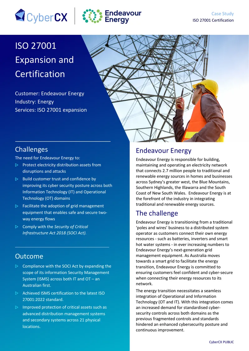 ISO 27001 Certification Case Study for Endeavour Energy