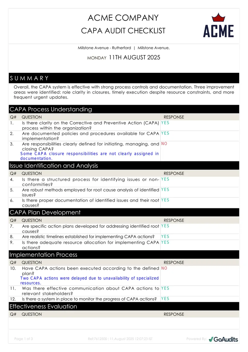 CAPA Audit Checklist for ACME Company