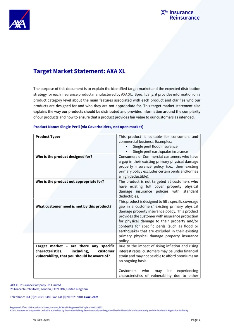 Target Market Statement for AXA XL Insurance Products