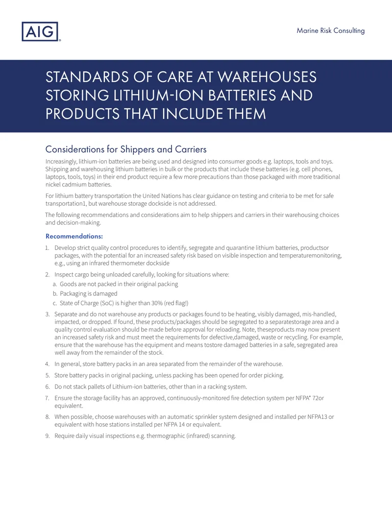 Standards of Care for Lithium-Ion Battery Warehousing