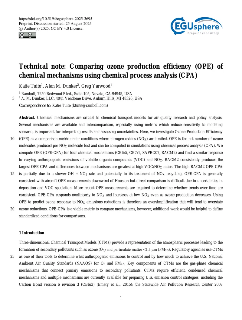 Ozone Production Efficiency Comparison Using Chemical Process Analysis