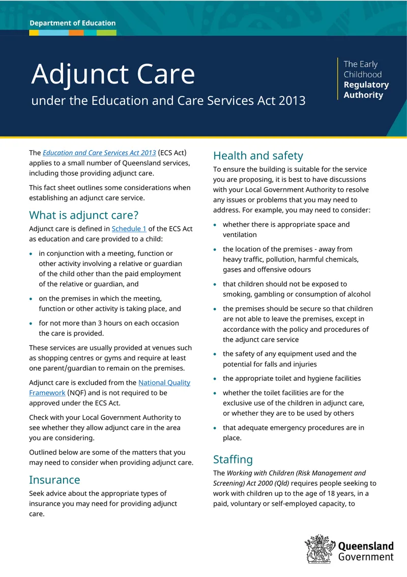 Adjunct Care Guidelines under the Education and Care Services Act 2013