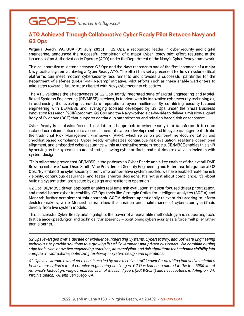 Cyber Ready Pilot Achieves Authorization to Operate