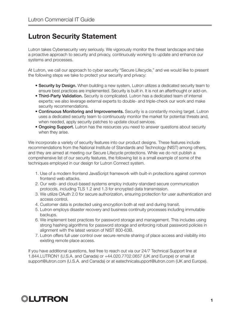 Lutron Cybersecurity Approach and Practices