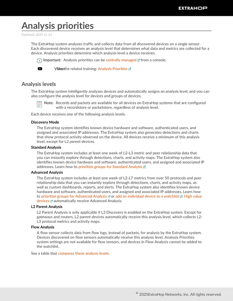 Analysis Priorities in ExtraHop System