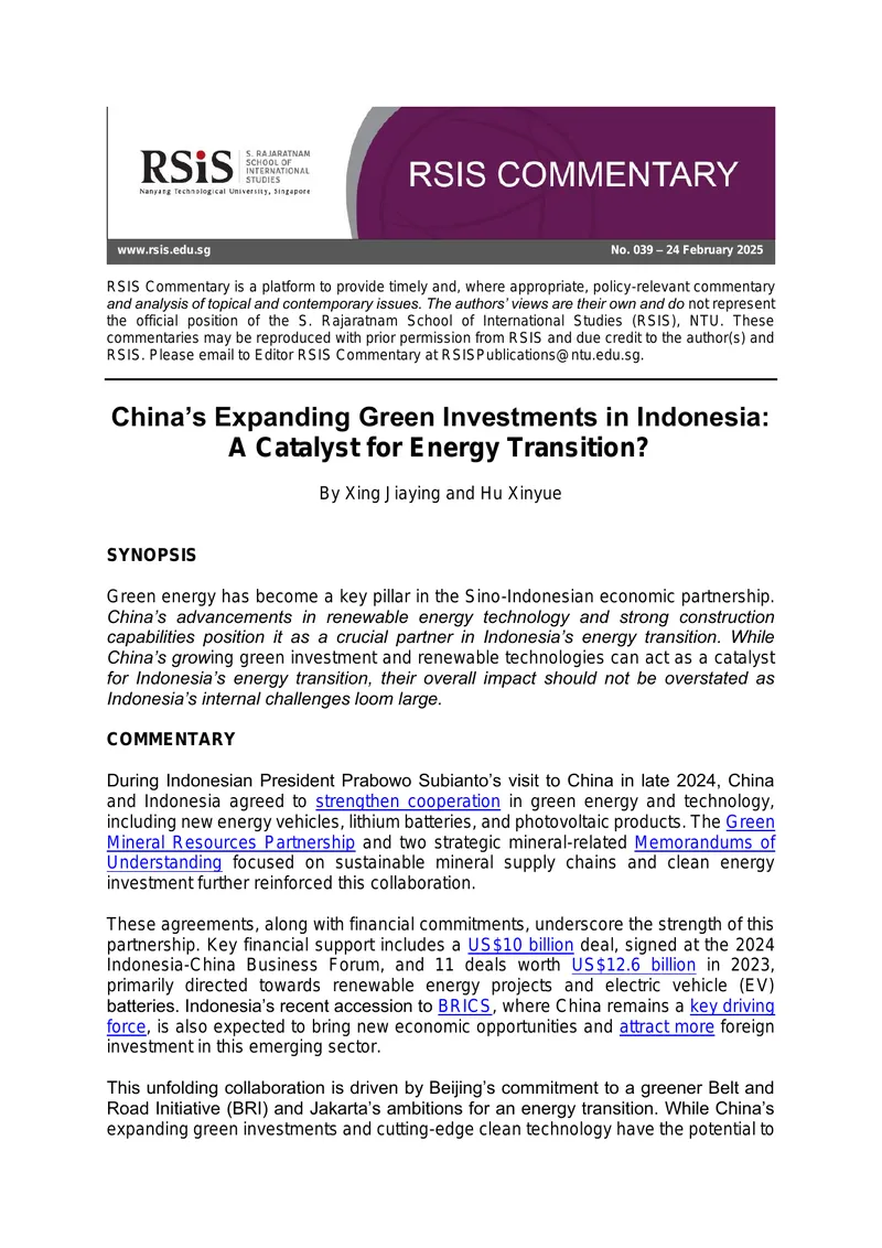 China's Green Investments and Indonesia's Energy Transition