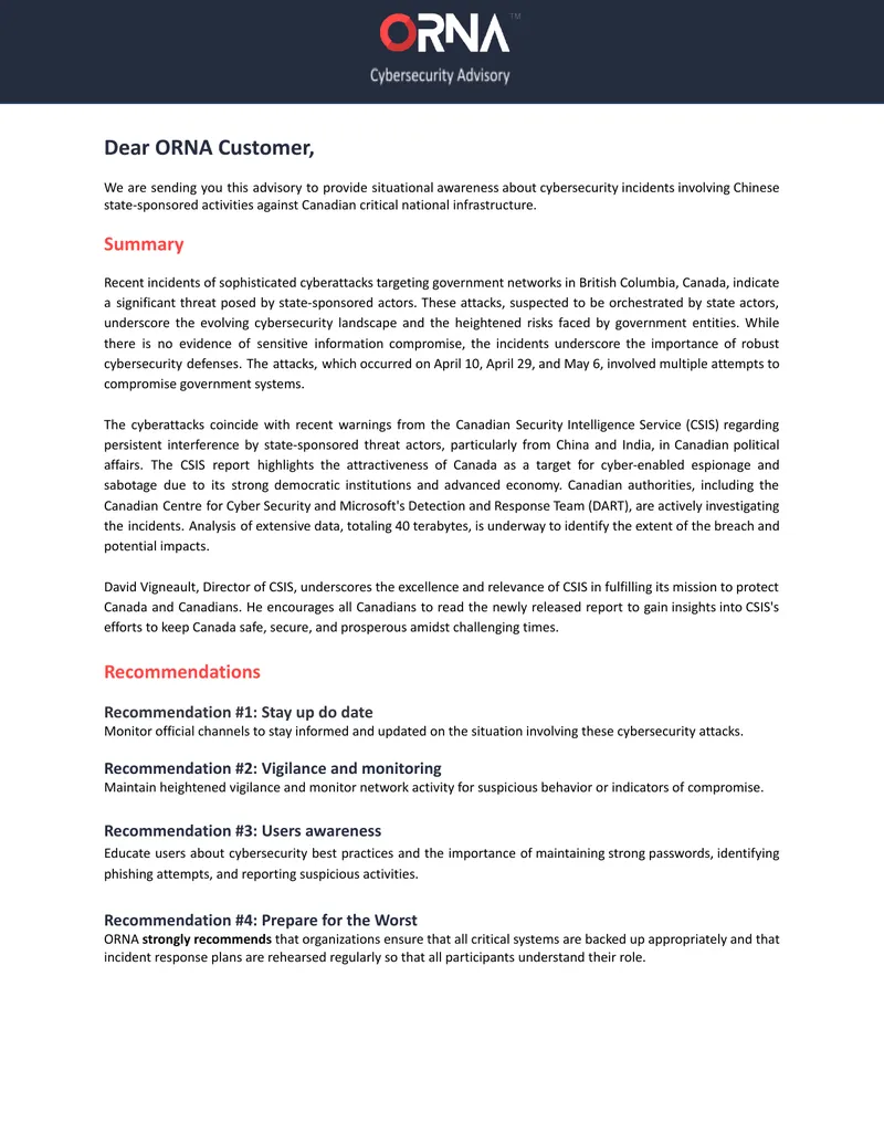 Cybersecurity Advisory on State-Sponsored Threats