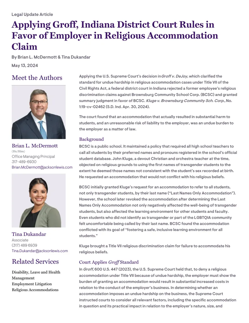 Court Ruling on Religious Accommodation Standards