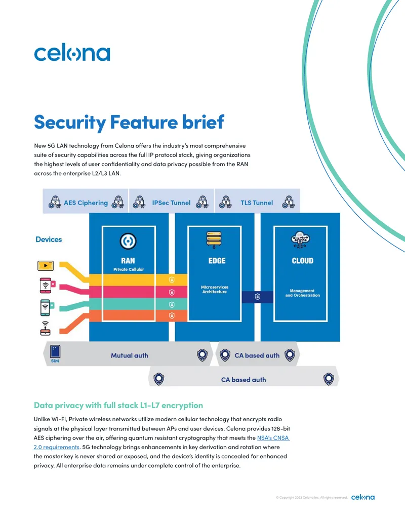 Celona 5G LAN Security Features Overview